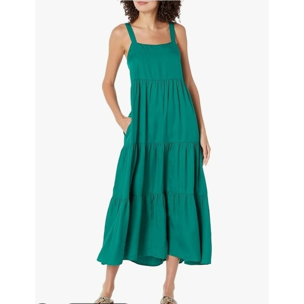 The Drop Britt Tiered Tencel Maxi Dress Ultra Marine Green Boho Coastal Size S